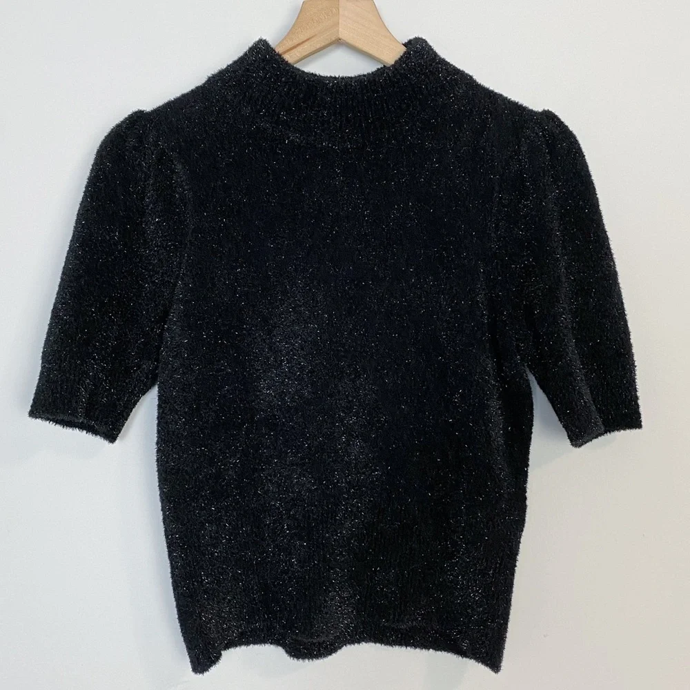 Kate Spade Metallic Black Texture Short Sleeve Sweater